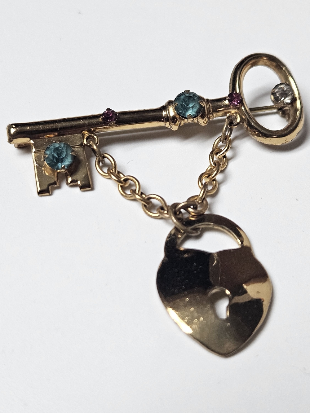 Gold Skeleton Key & Padlock Brooch with Teal and Pink Accents